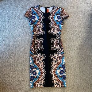 Clover Canyon bodycon fitted sheath dress hourglass print scuba black blue small